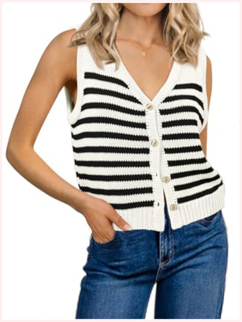 Womens Striped Sweater Vest V-Neck Button Down Sleeveless Ribbed Tank Top
